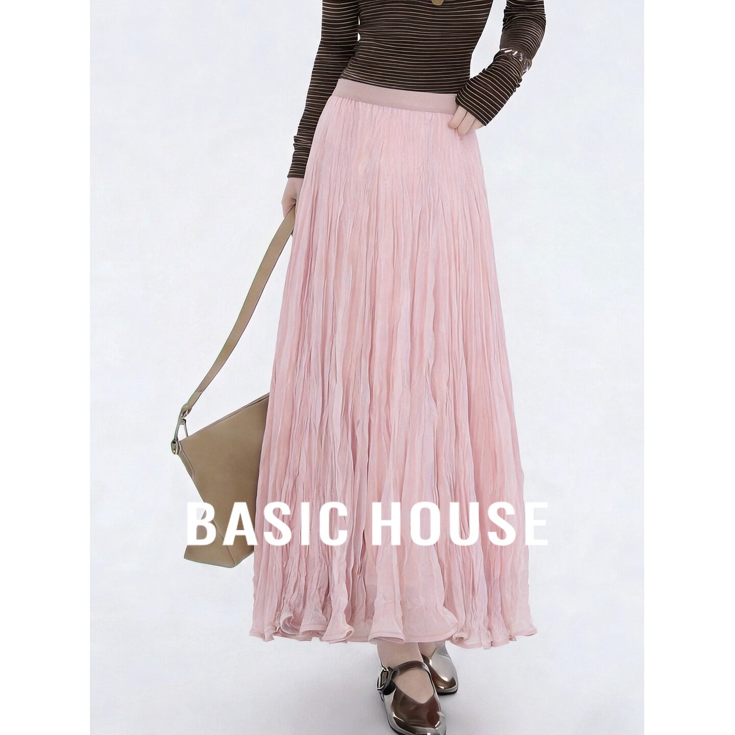Basic House/百家好粉色百褶半身裙女中长款纱裙蛋糕裙温柔系裙子