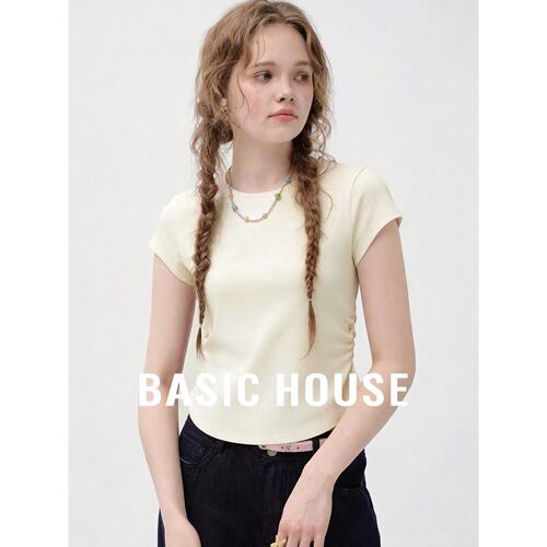 Basic House/百家好简约圆领短袖T恤女2026夏莱赛尔纯色正肩上衣