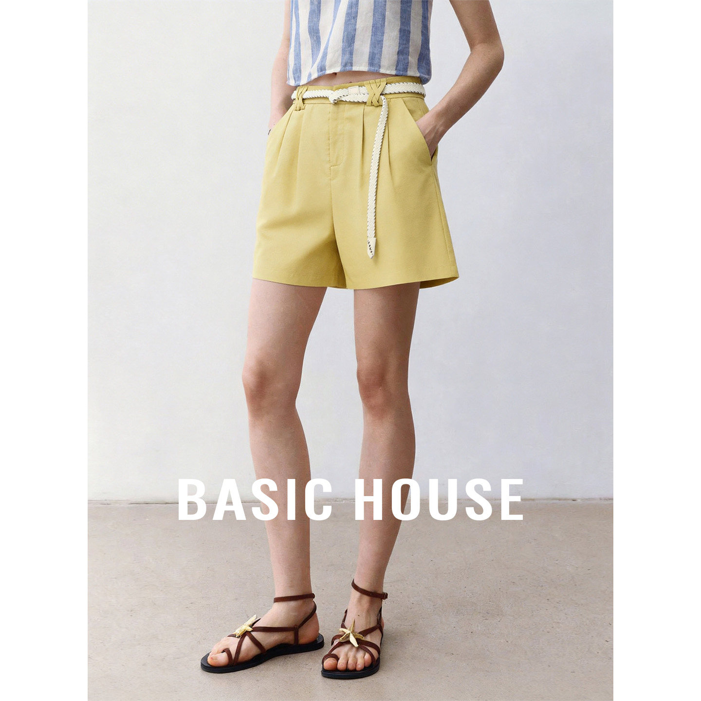 Basic House/百家好黄色高腰莱赛尔透气休闲裤女夏季舒适百搭短裤