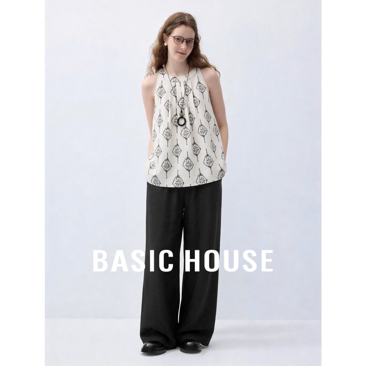 Basic House/百家好度假风印花无袖背心垂感阔腿裤两件套女休闲
