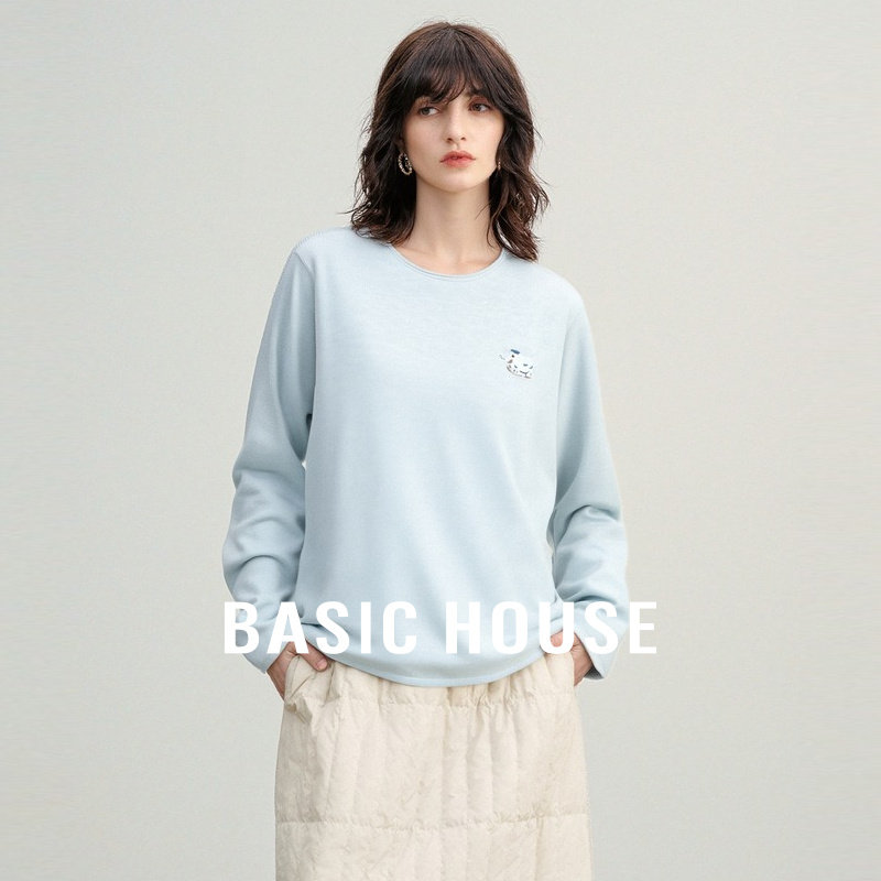 Basic House/百家好动物绣花柔软透气针织衫极简圆领套头长袖上衣