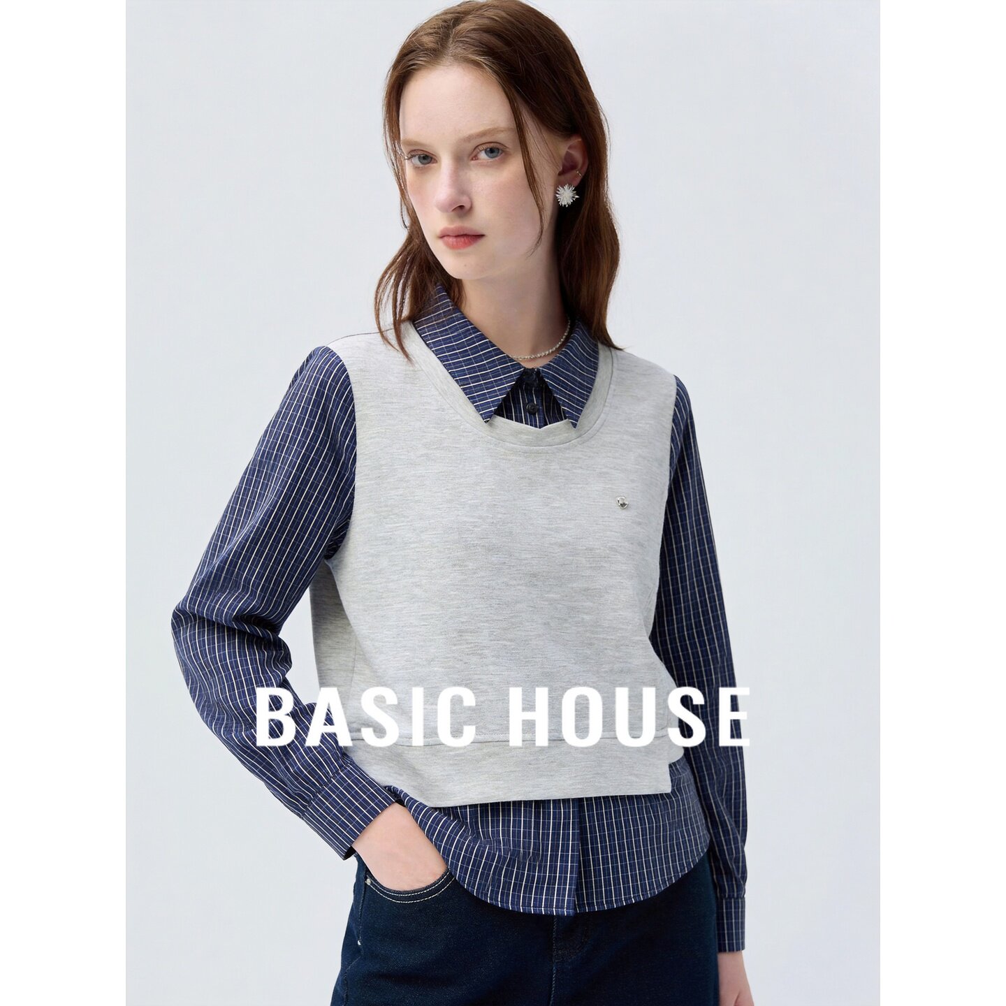 Basic House/百家好莫代尔假两件条纹拼接卫衣女灰色减龄舒适上衣