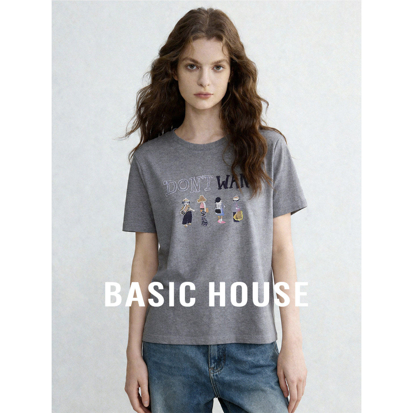 Basic House百家好卡通刺绣女士夏季T恤2026新款纯棉短袖减龄上衣