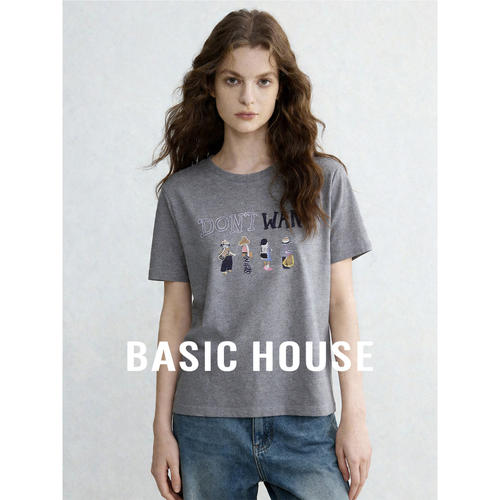 Basic House百家好卡通刺绣女士夏季T恤2026新款纯棉短袖减龄上衣