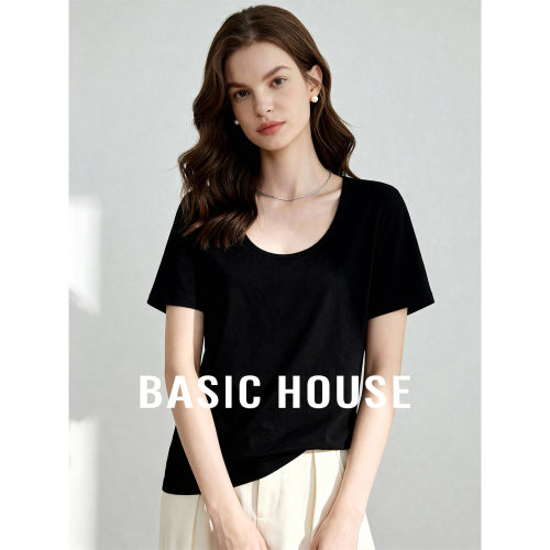 BasicHouse百家好基础款黑色U领纯色T恤女夏新款百搭微透短袖上衣