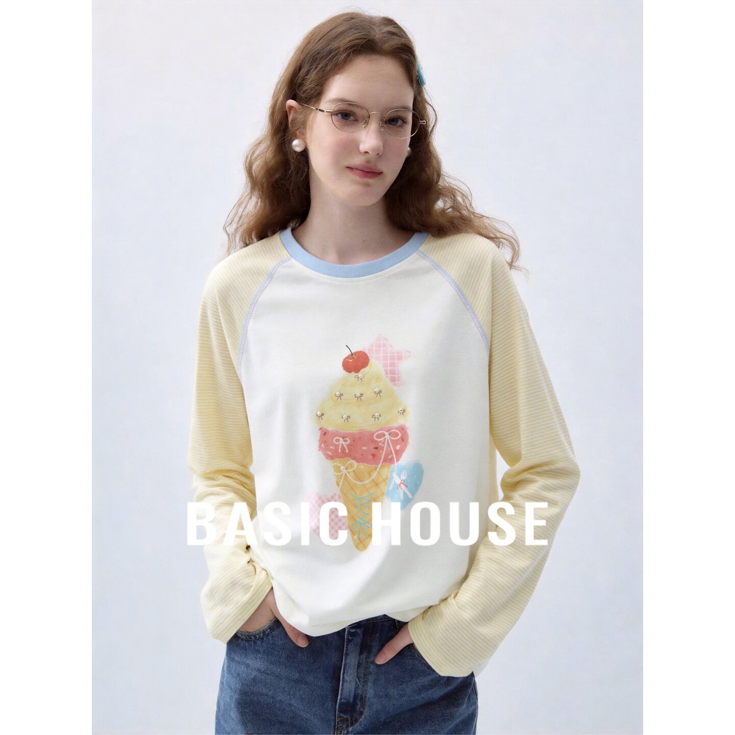 Basic House/百家好可爱休闲冰淇淋印花长袖T恤女蓝色薄款上衣