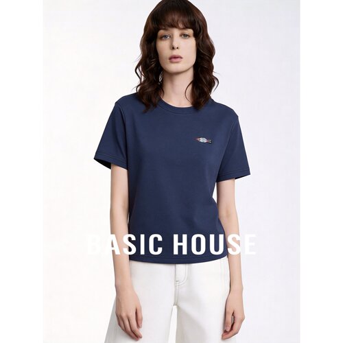 Basic House/百家好藏青基础款短袖T恤女26夏季简约休闲舒适上衣