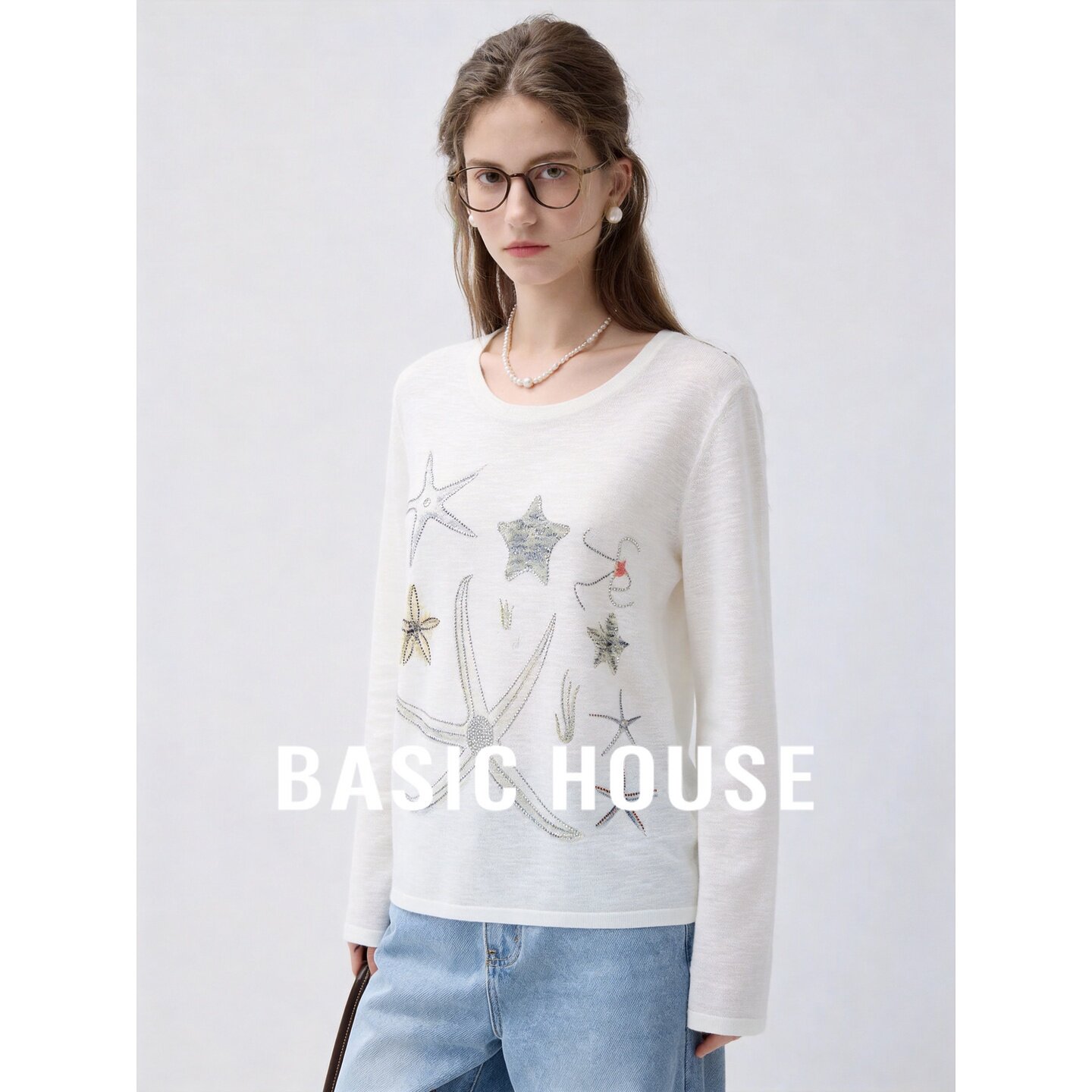 Basic House/百家好海星烫钻长袖针织衫女26夏季白色轻薄防晒上衣