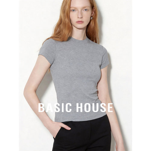 Basic House/百家好灰色圆领基础简约短袖T恤女夏季新款修身上衣