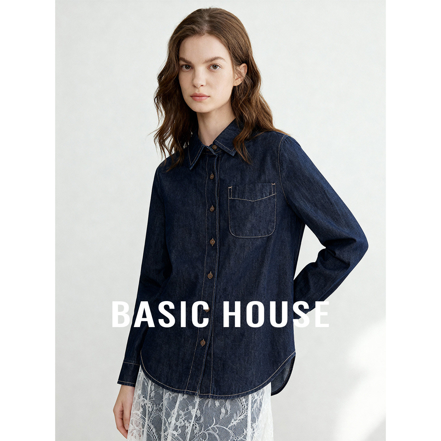 Basic House/百家好深蓝色polo长袖牛仔衬衫女秋宽松显瘦百搭上衣