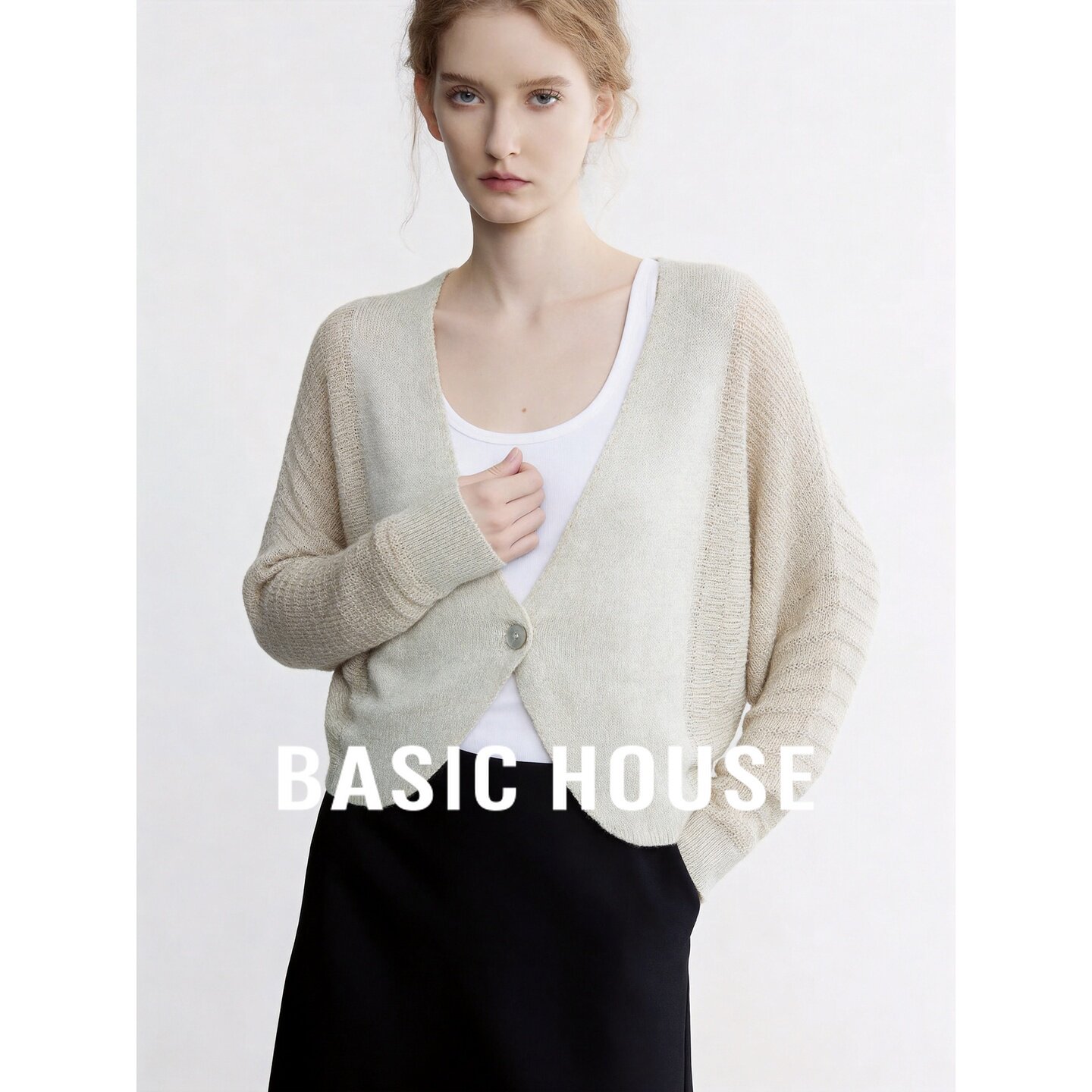 Basic House/百家好设计感针织开衫女长袖纽扣外套百搭配裙子开衫