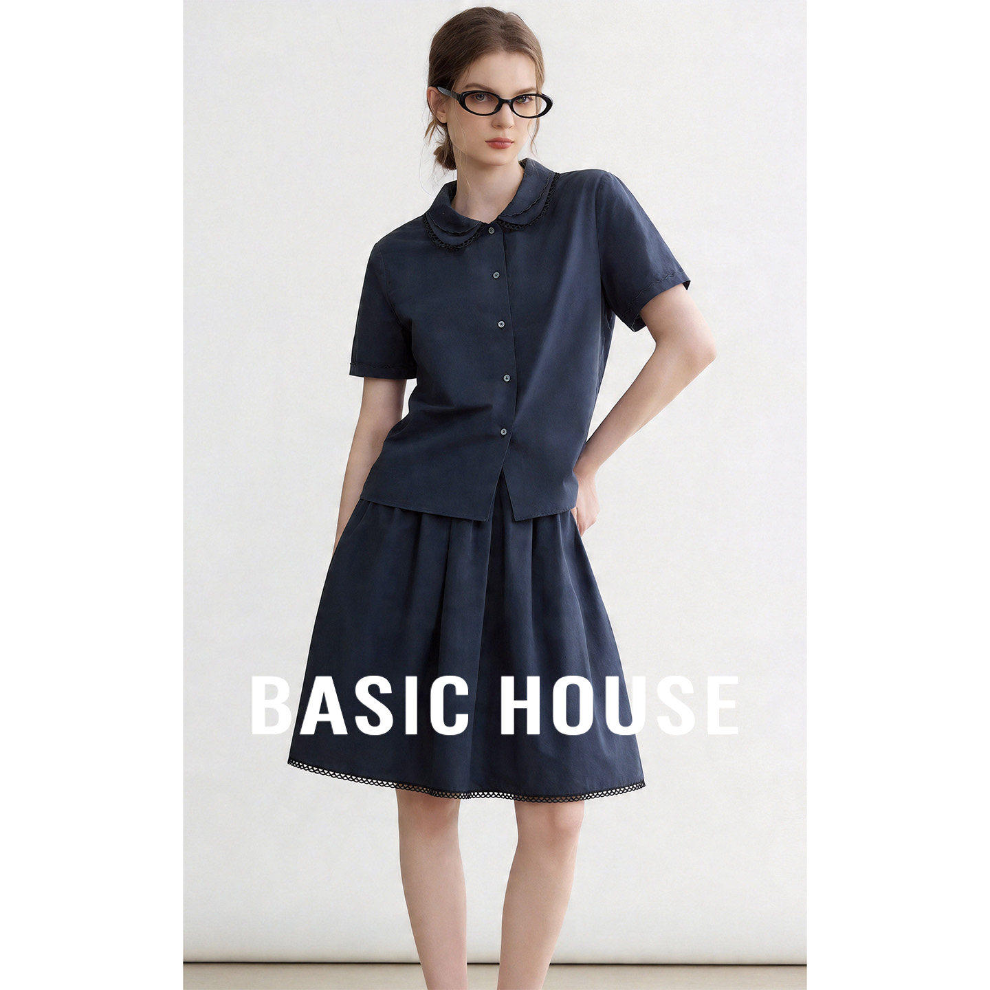 Basic House/百家好亚麻学院风短袖衬衫套装女夏季百褶裙通勤显瘦