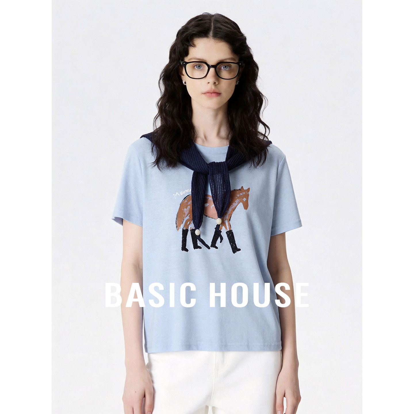 Basic House/百家好2026夏小众设计感短袖T恤女含棉舒适套头上衣