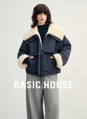 百家好翻领毛毛拼接短款外套女26冬季新款工装风蓝色加厚好看上衣