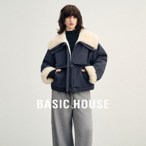 Basic House/百家好工装风翻领毛绒拼接短外套女加厚保暖好看上衣