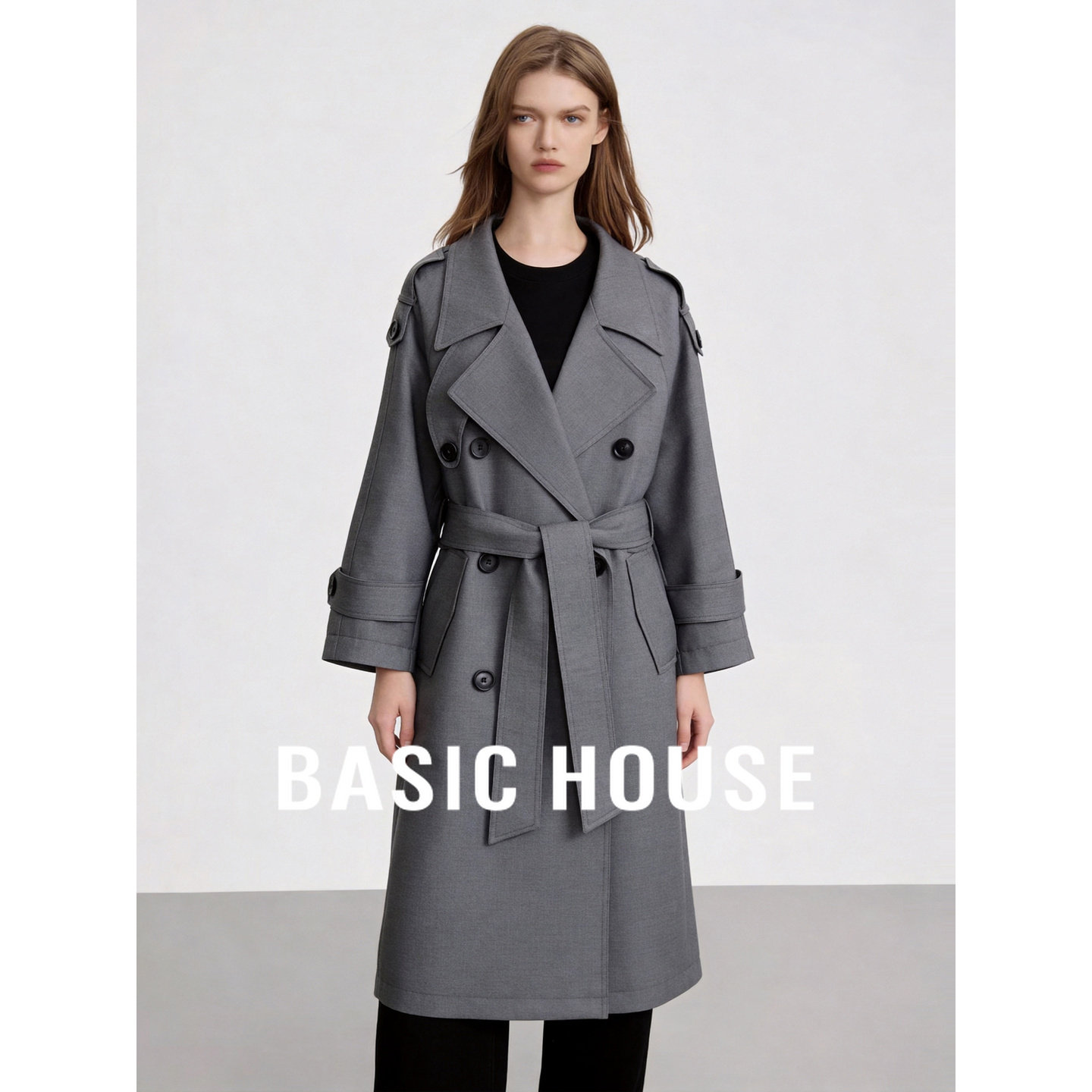 Basic House/百家好简约英伦风单排扣风衣女中长款收腰通勤外套
