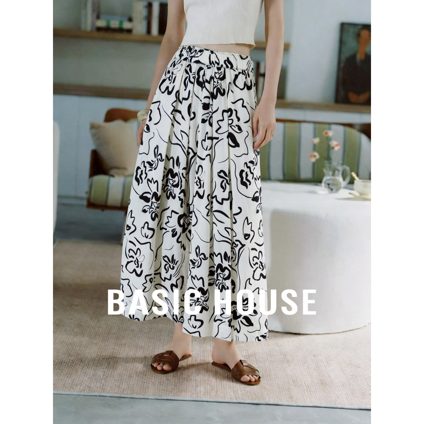 Basic House/百家好纯棉水墨印花休闲裤女夏季宽松阔腿裤显瘦百搭