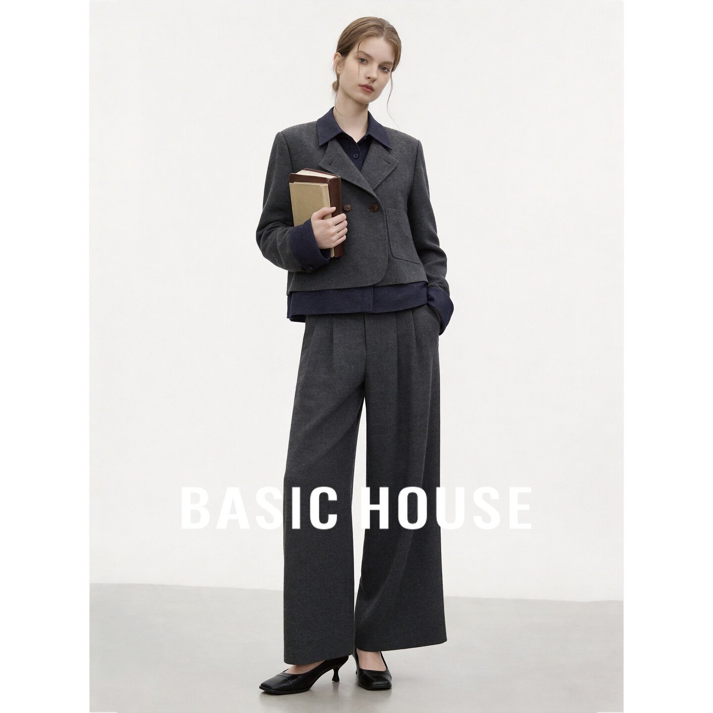 Basic House/百家好灰色西装套装女高级感外套阔腿裤两件套职场风