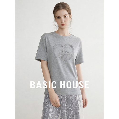 Basic House/百家好设计感纯色圆领短袖T恤夏季新款宽松套头上衣
