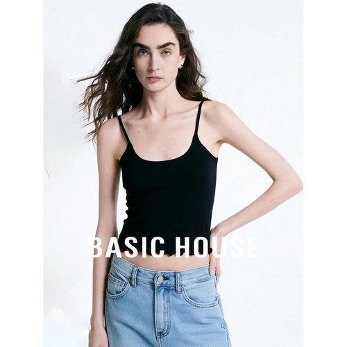 Basic House/百家好黑色基础简约内搭吊带背心女夏季修身百搭上衣