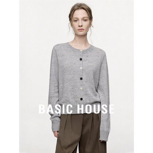 Basic House/百家好极简羊毛针织开衫女秋季宽松显瘦百搭长袖毛衣