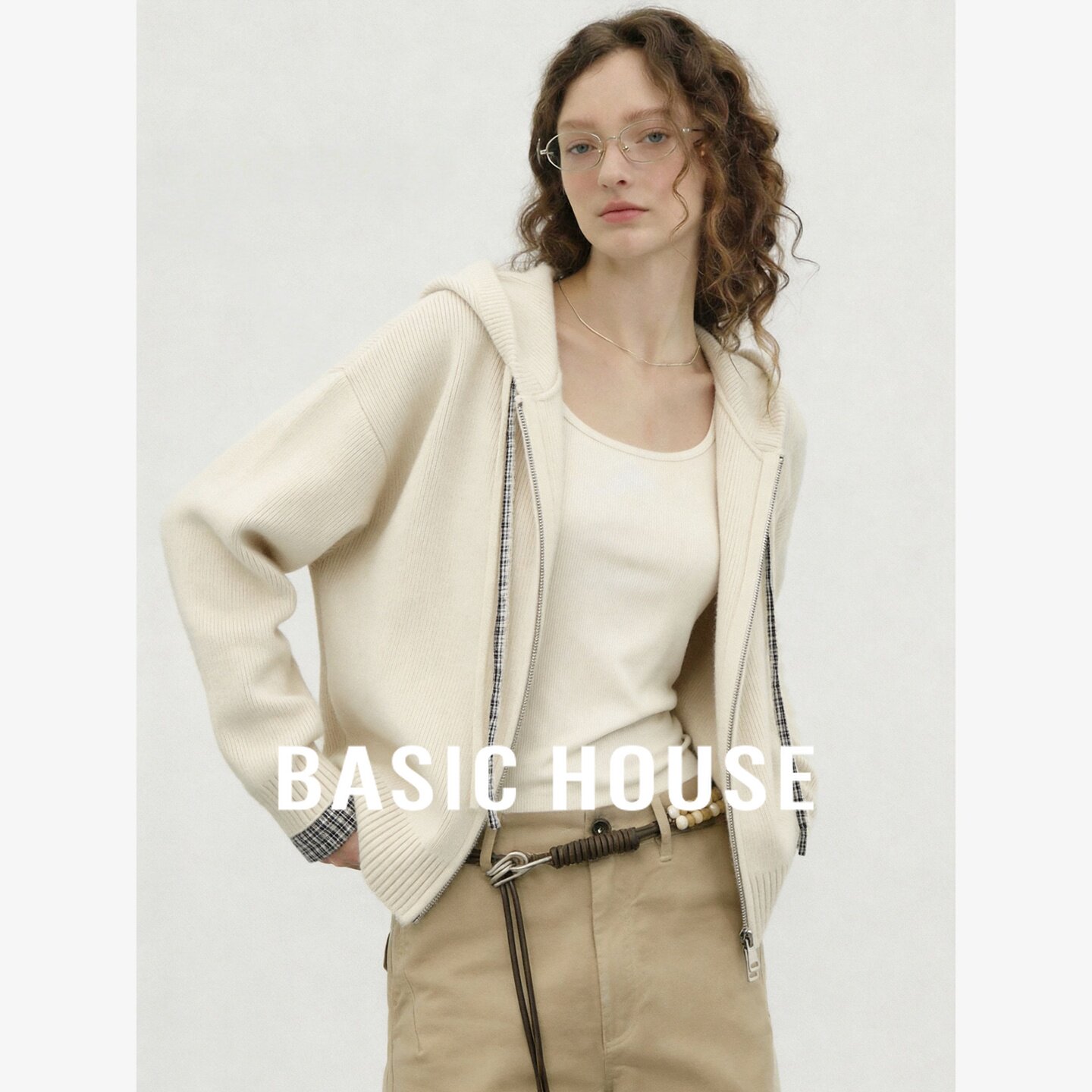 Basic House/百家好休闲慵懒风连帽拉链针织开衫女装宽松毛衣外套