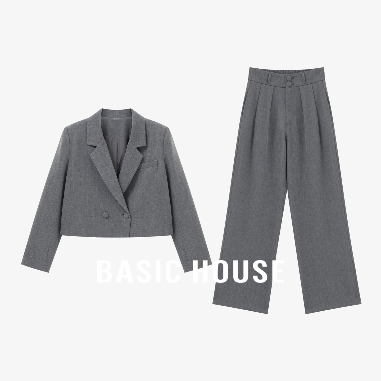 Basic House/百家好气质简约风西装套装短款外套直筒西装裤两件套