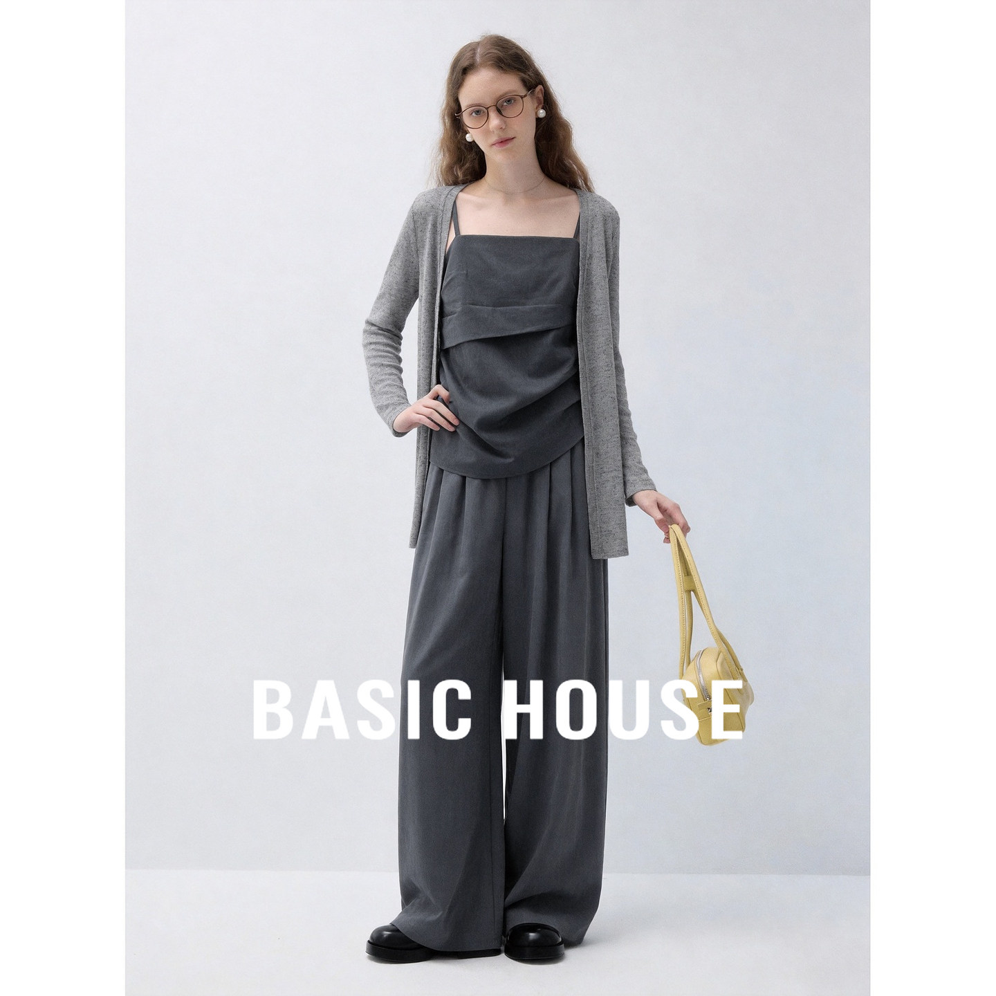 Basic House/百家好灰色吊带背心简约针织开衫阔腿裤女秋时尚套装