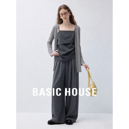 Basic House/百家好灰色吊带背心简约针织开衫阔腿裤女秋时尚套装