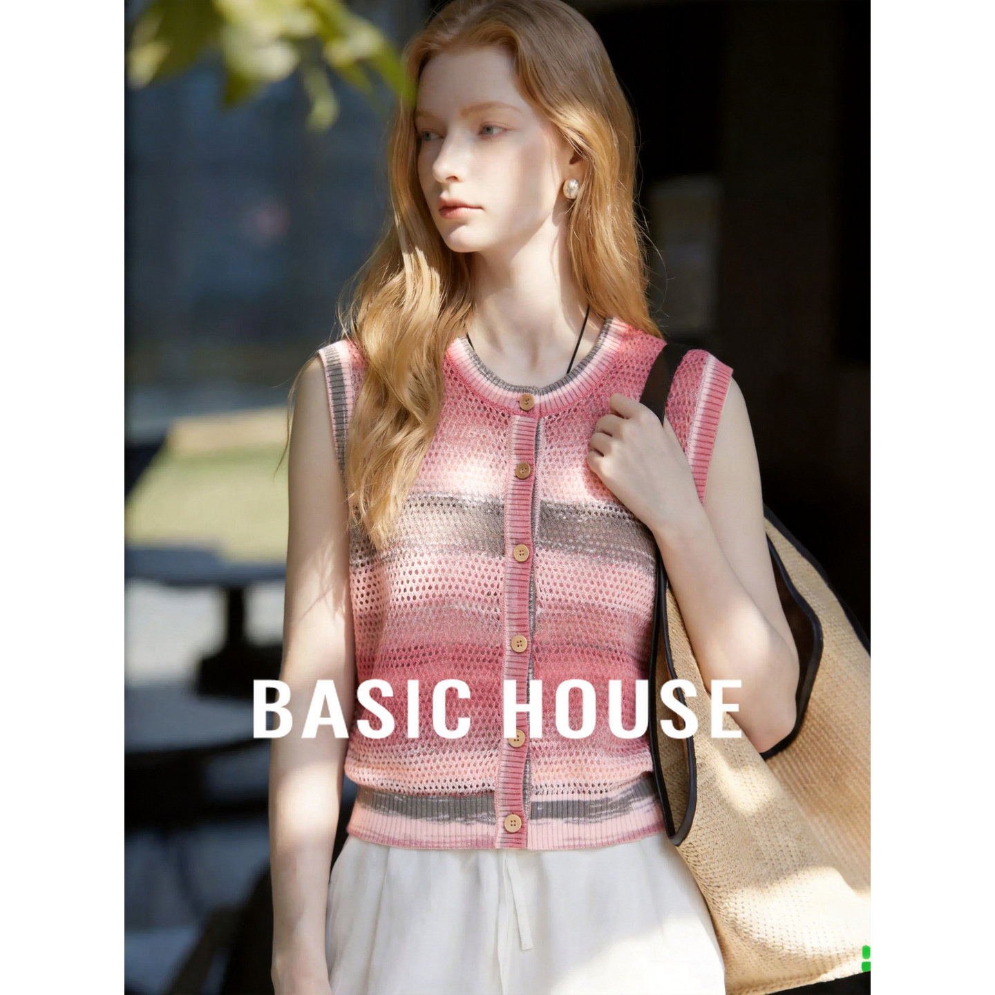 Basic House/百家好粉色无袖针织马甲女夏圆领纽扣百搭叠针织开衫