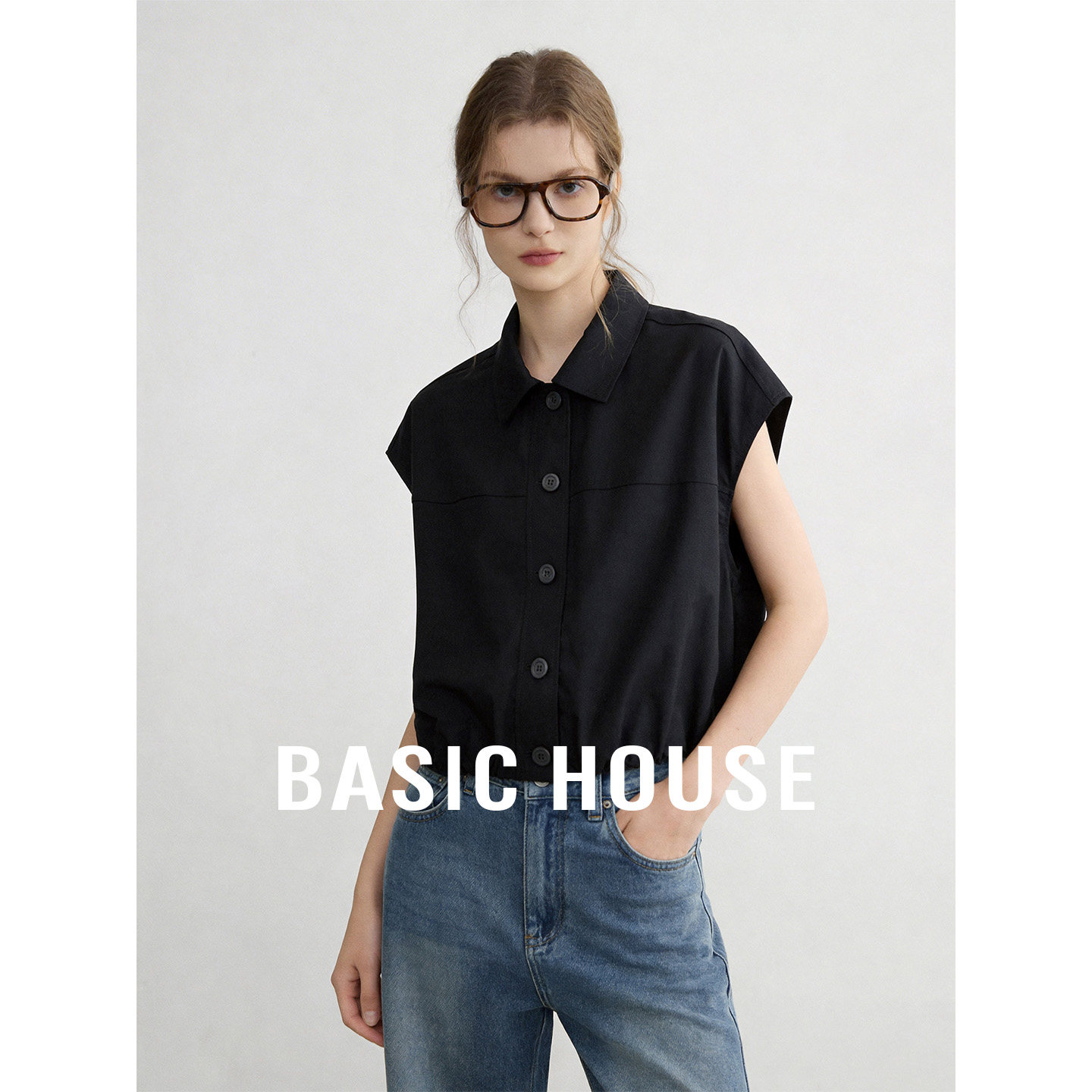 Basic House/百家好黑色翻领连肩短袖衬衫女夏高级感通勤无袖衬衣