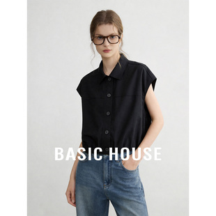 女夏高级感通勤无袖 Basic 衬衫 百家好黑色翻领连肩短袖 衬衣 House