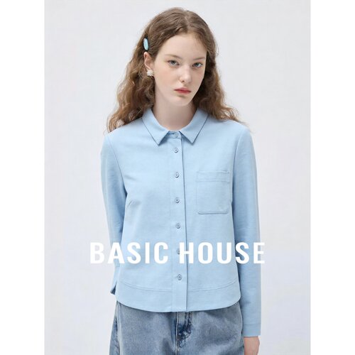 Basic House/百家好莱赛尔衬衫女长袖翻领简约通勤上衣浅蓝色春秋