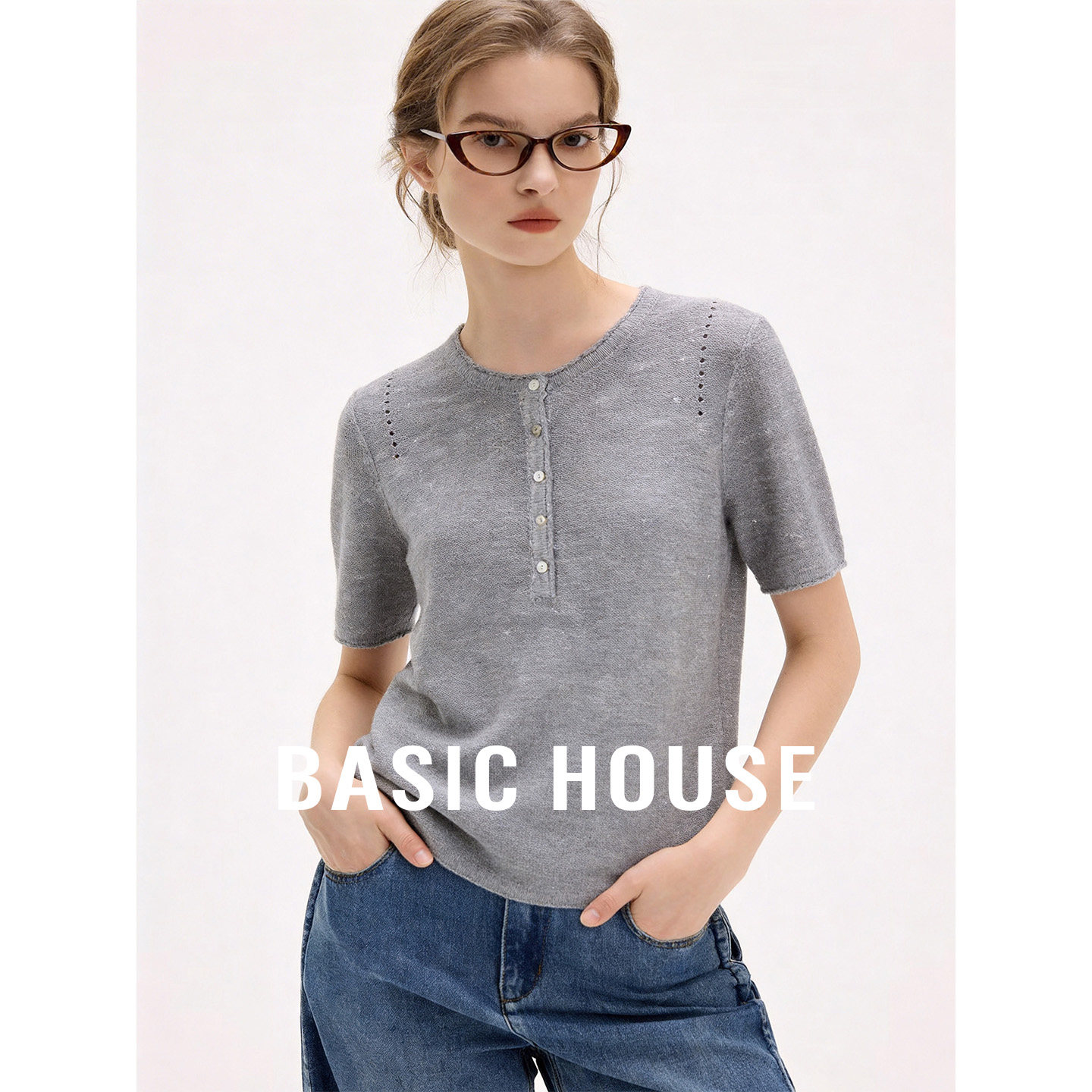 Basic House/百家好圆领镂空宽松短袖针织衫2026秋季显瘦短款上衣