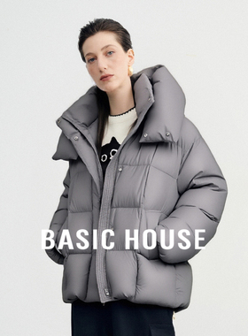 Basic House/百家好保暖御寒连帽方格羽绒服灰色中长款加厚外套女