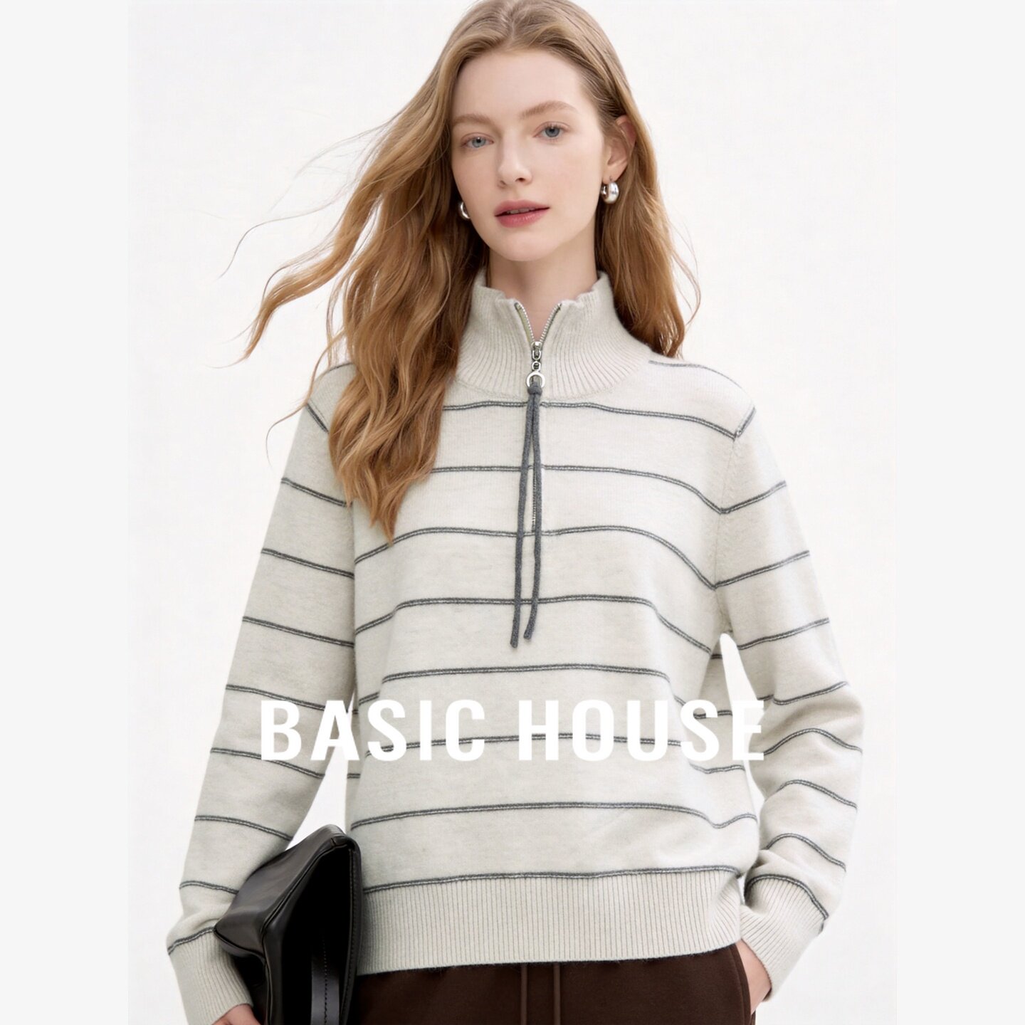 Basic House/百家好半拉链立领条纹针织衫女高级感慵懒风毛衣上衣