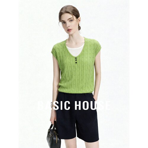 Basic House/百家好绿色V领短袖针织衫女夏麻花纹理纽扣薄款上衣