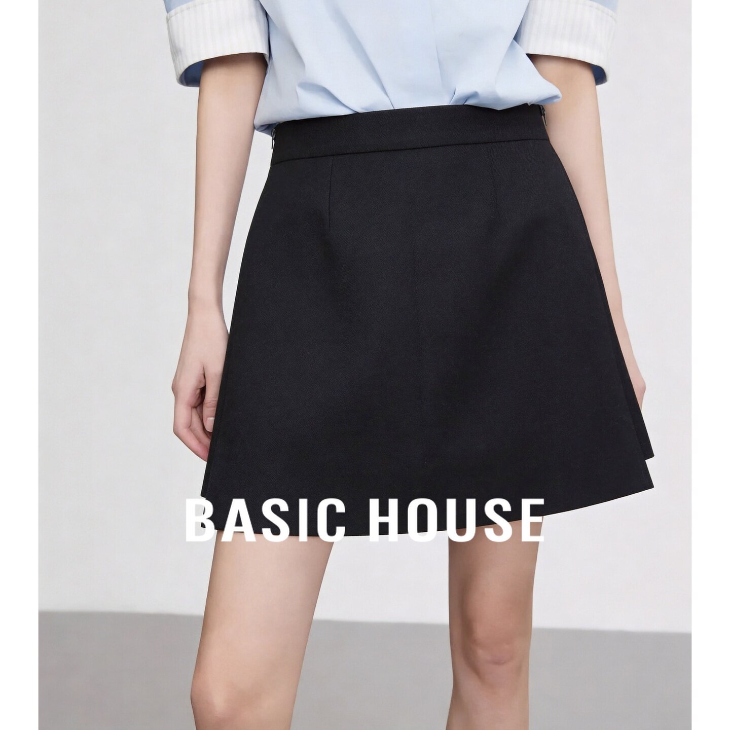 Basic House/百家好黑色高腰A字短裙女职场通勤百搭显瘦半身裙