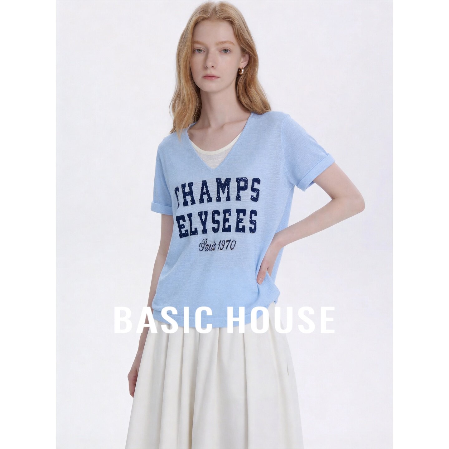 Basic House/百家好蓝色干净清新针织衫女夏季透气冰凉短袖上衣