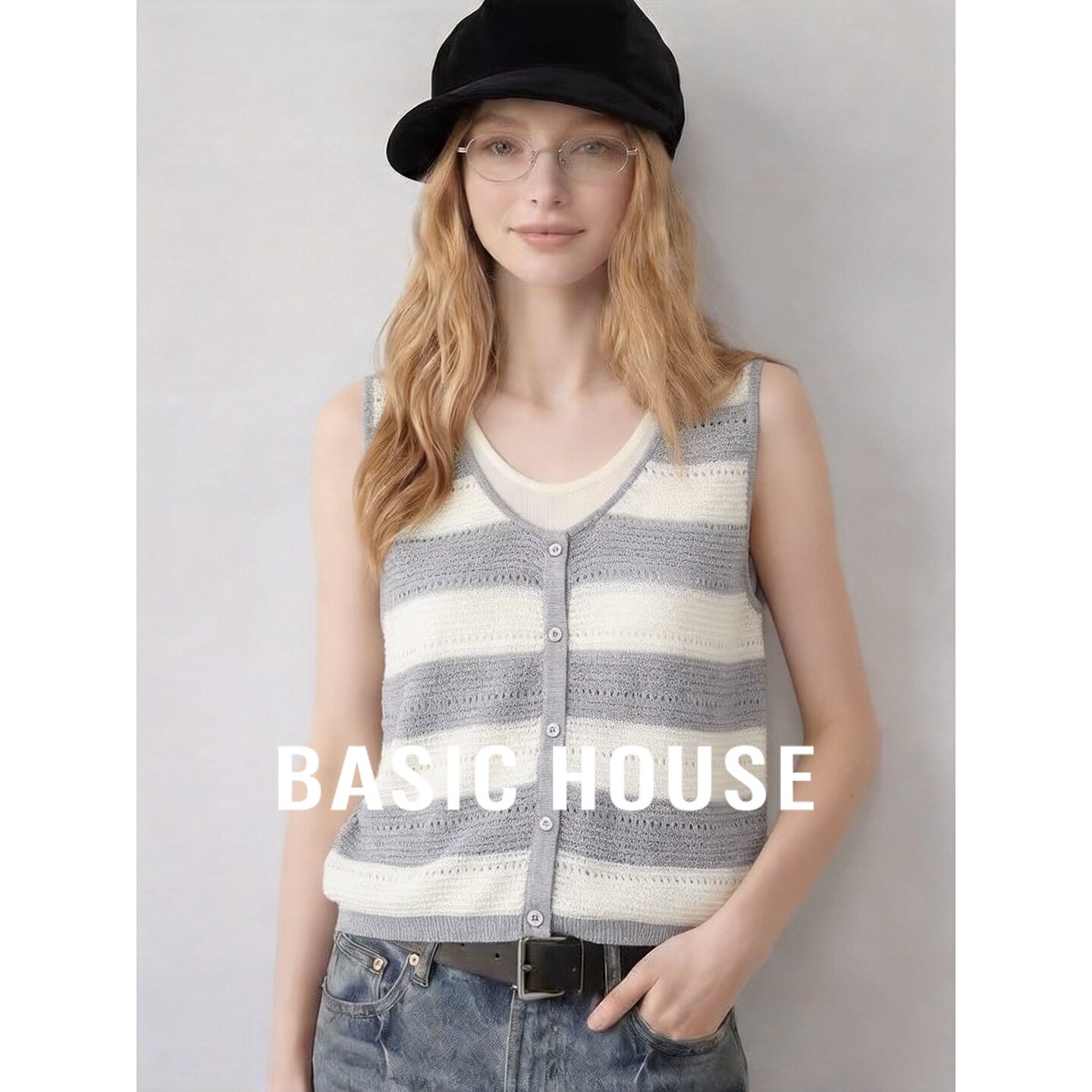 Basic House/百家好浅灰条纹V领针织衫女无袖纽扣莱赛尔百搭上衣