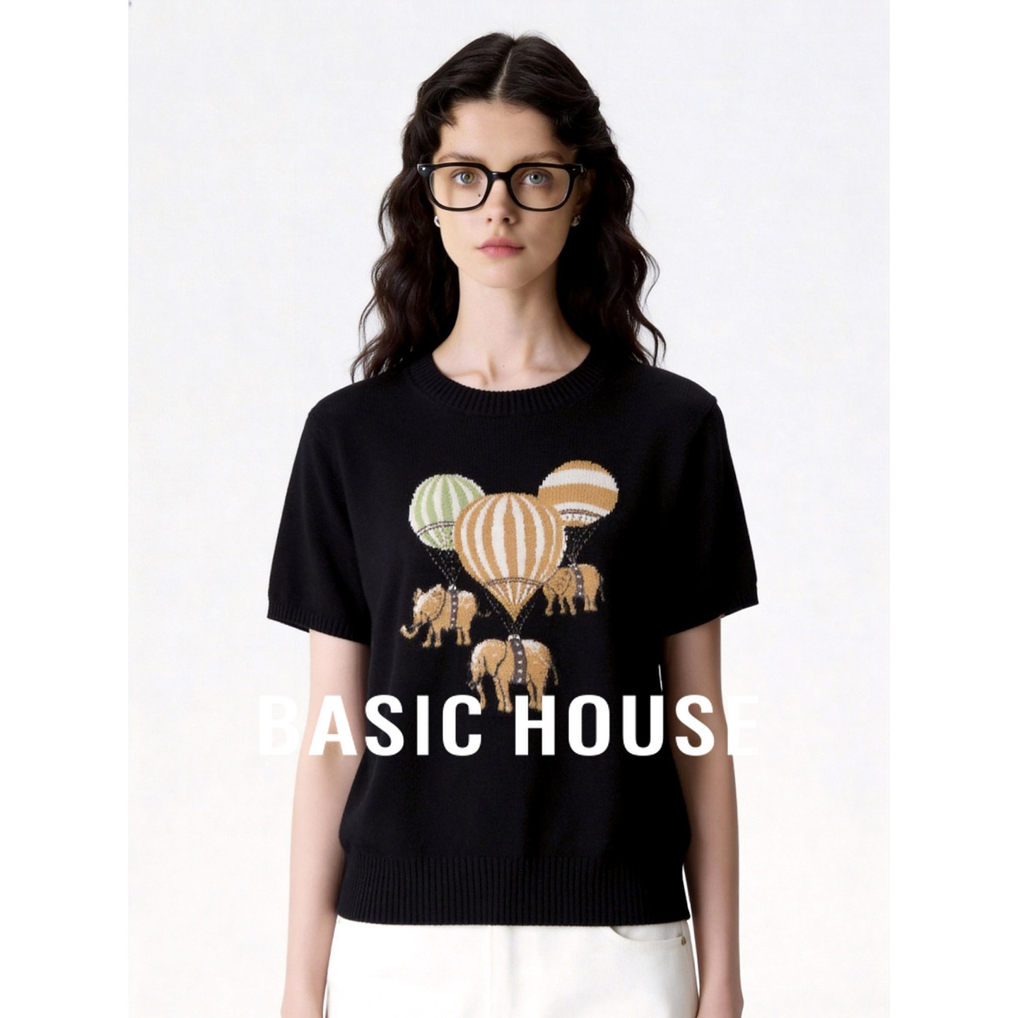 Basic House/百家好黑色时尚百搭卡通图案短袖显瘦遮肉设计感T恤