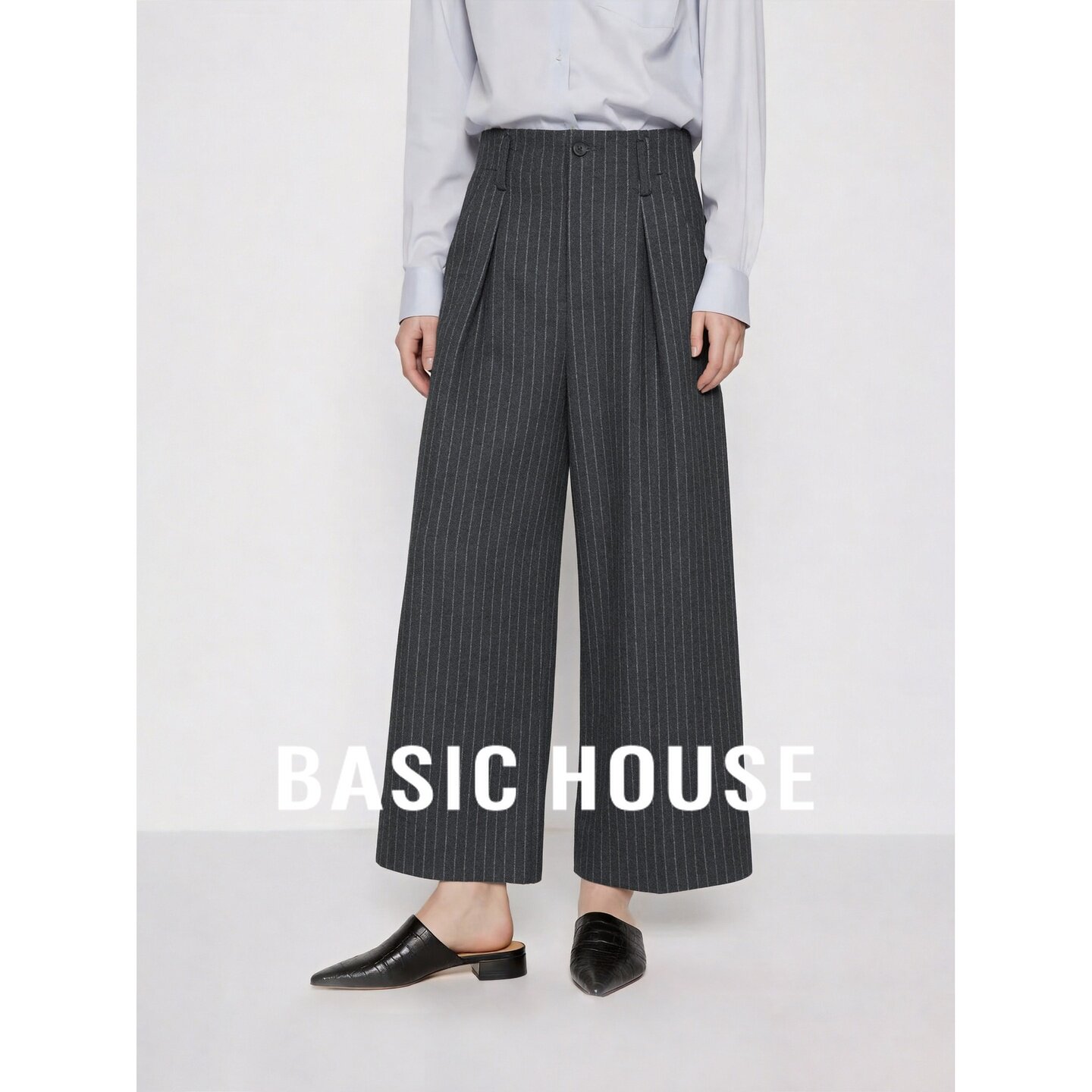 Basic House/百家好轻熟风条纹阔腿裤女秋季高腰压褶松弛感休闲裤