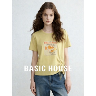 Basic House/百家好2026夏季圆领纯色水果印花短袖T恤女休闲收腰