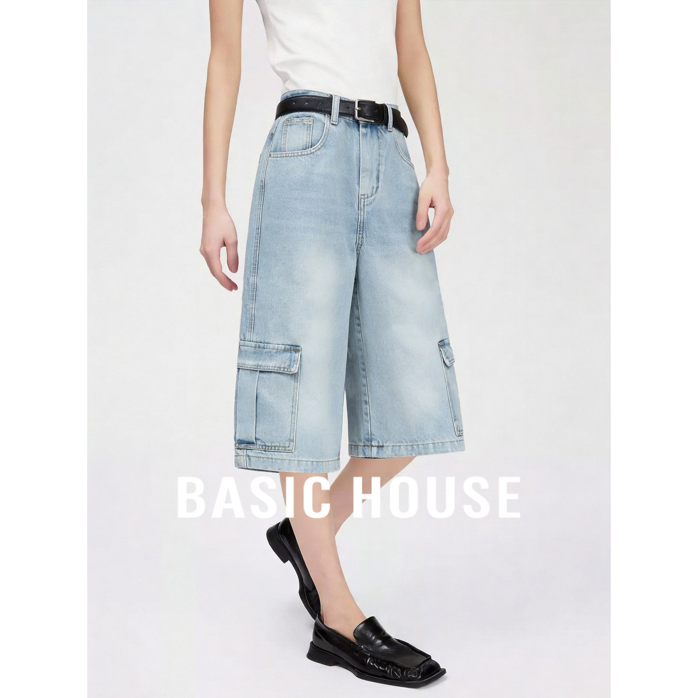 Basic House/百家好工装风高腰牛仔阔腿裤女夏季蓝色宽松休闲短裤