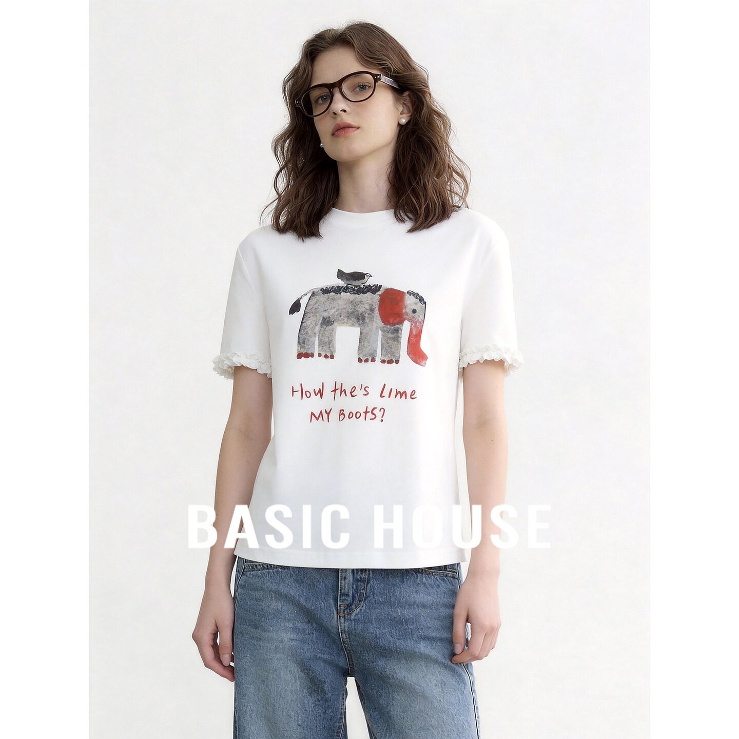 Basic House/百家好白色精致刺绣短袖T恤女夏季花边袖子减龄上衣