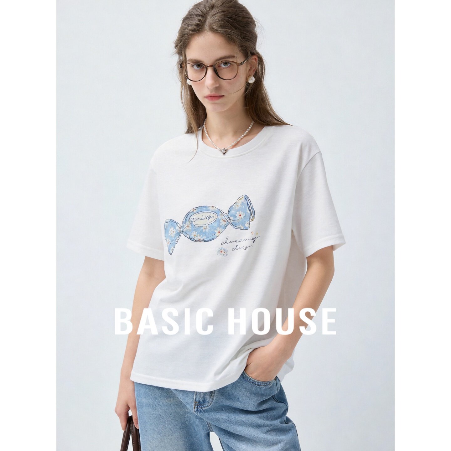 Basic House/百家好糖果印花短袖T恤女夏宽松圆领白色小个子上衣
