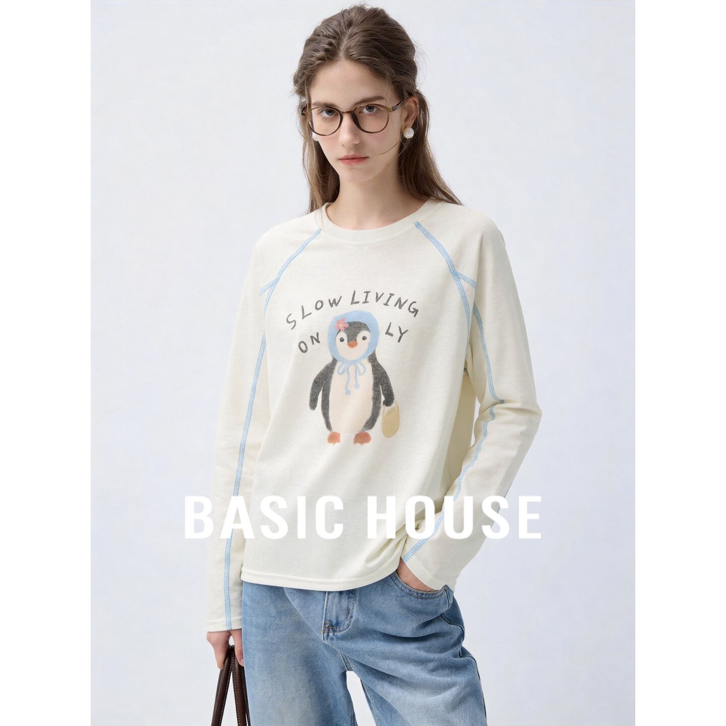 Basic House/百家好甜美可爱风企鹅印花长袖T恤女减龄撞色边上衣