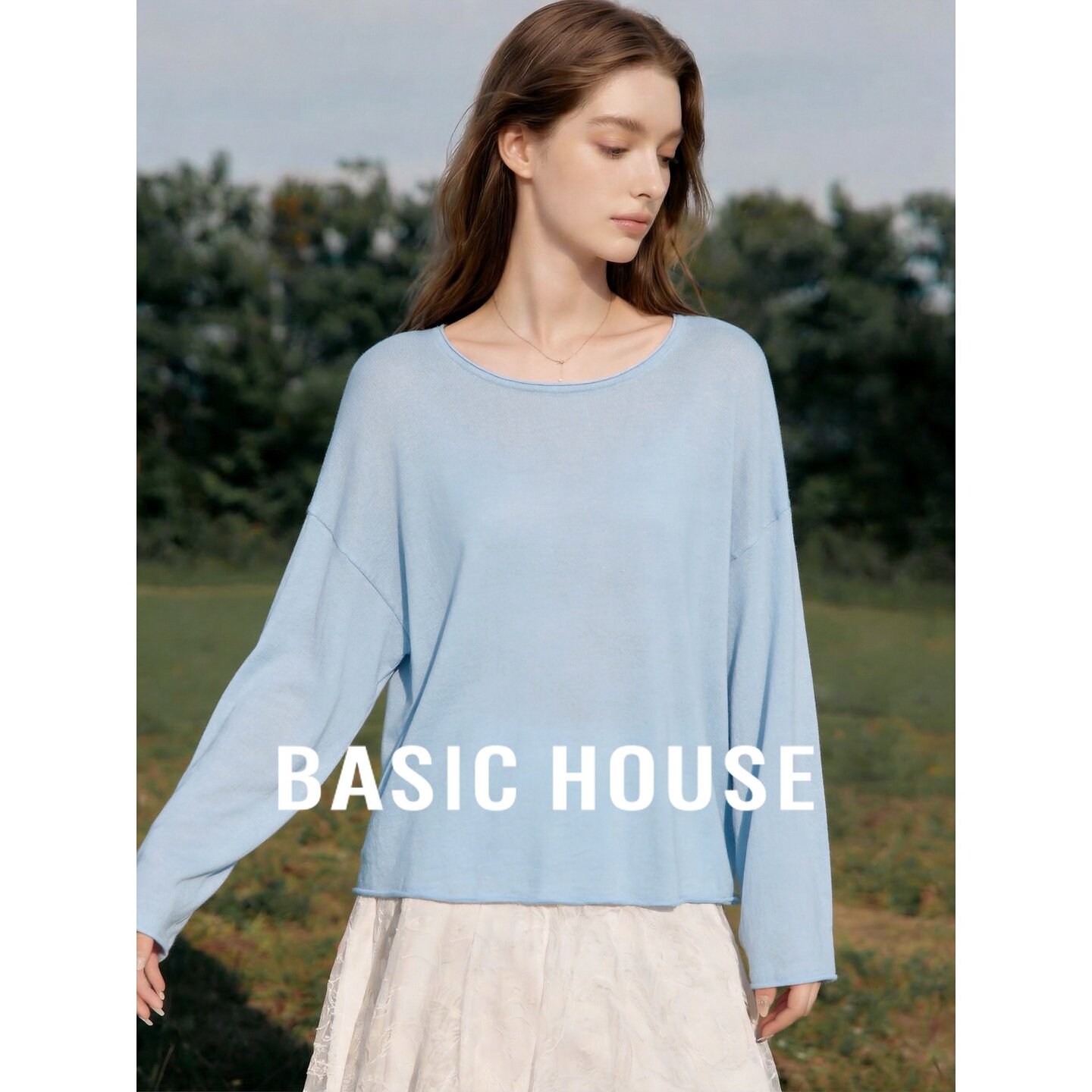 Basic House/百家好蓝色亚麻套头针织衫秋季新款宽松简约通勤上衣