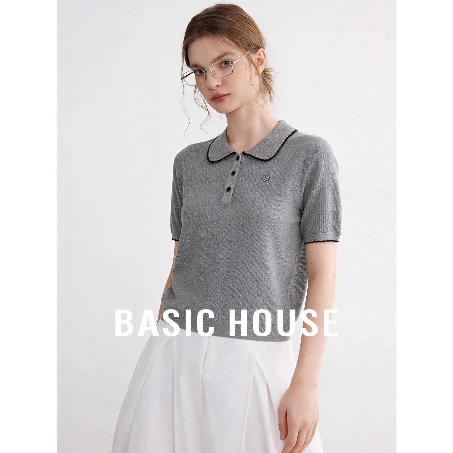 Basic House/百家好灰色翻领莱赛尔透气短袖针织衫女夏季百搭上衣