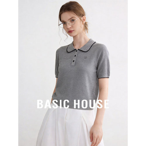 Basic House/百家好灰色翻领莱赛尔透气短袖针织衫女夏季百搭上衣